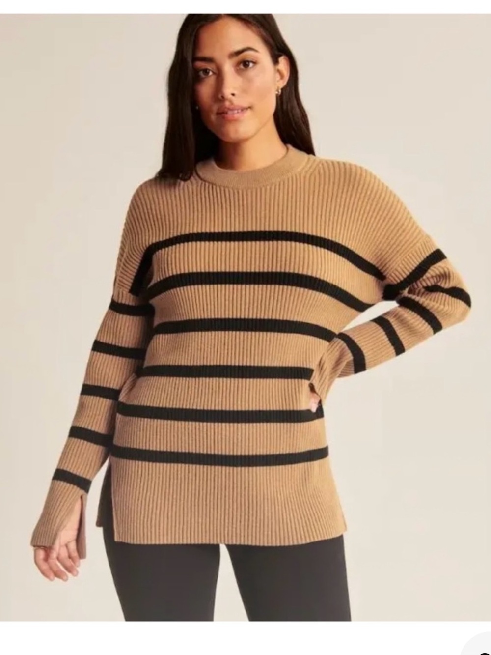 Abercrombie & Fitch Tan Crewneck Sweater with Black Stripes